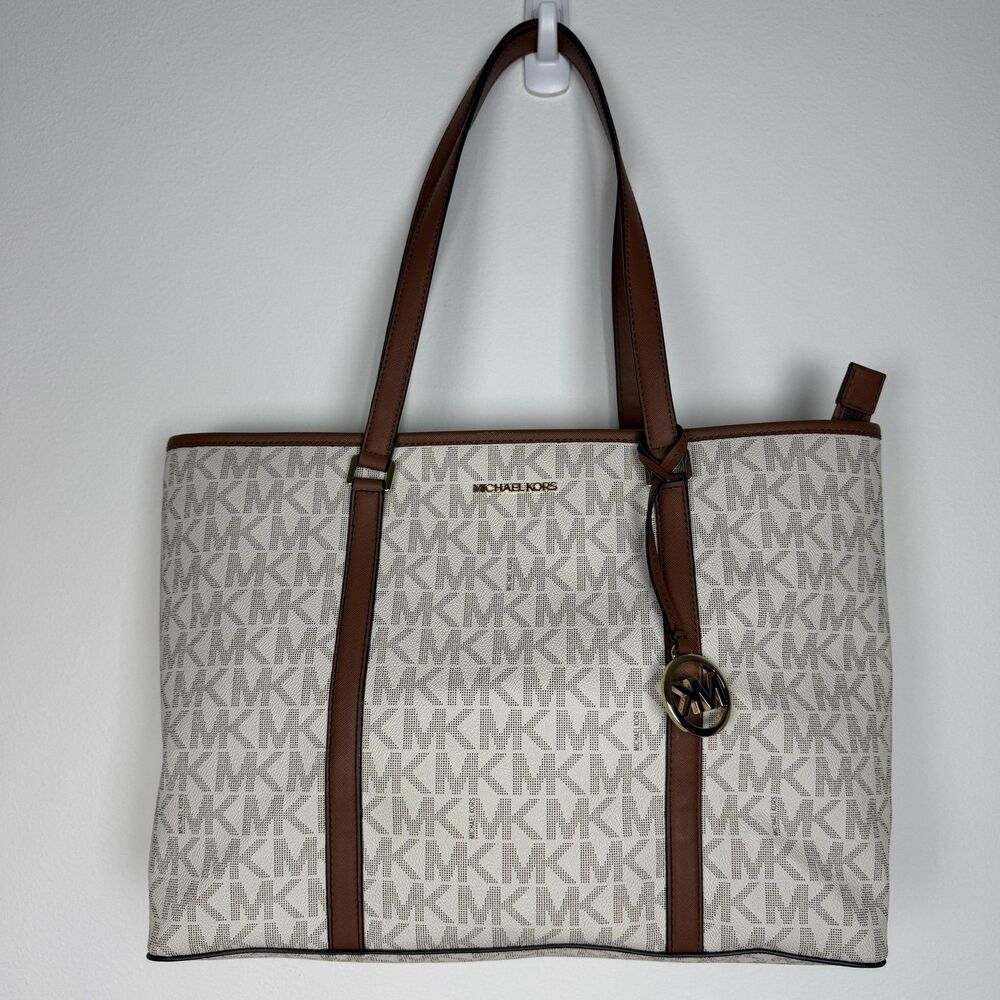 Michael Kors Tote Bag Womens Large Beige Logo Canvas Leather Trim Zip Gold Charm